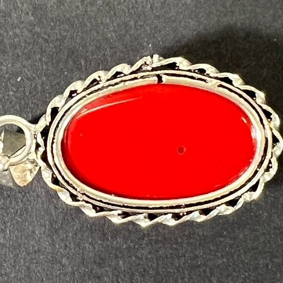 Red Coral Oval 925 Pendant on Necklace Choker Torque 925 Twisted Collar - Picture 4 of 6